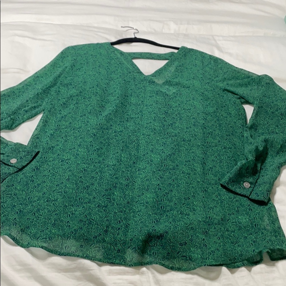 CAbi Green Paisley V-Neck Long Sleeve Blouse